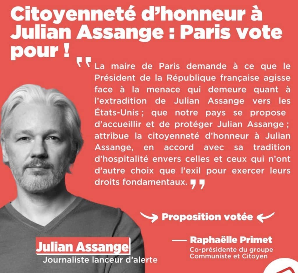 Le Conseil de Paris vote pour l’attribution de la citoyenneté d’honneur à Julian Assange